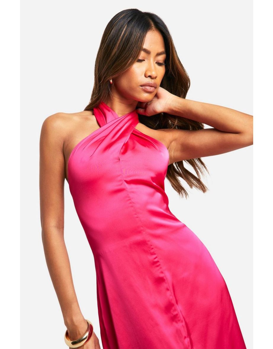 Satin Twist Neck Hot Pink Midaxi Dress - 3