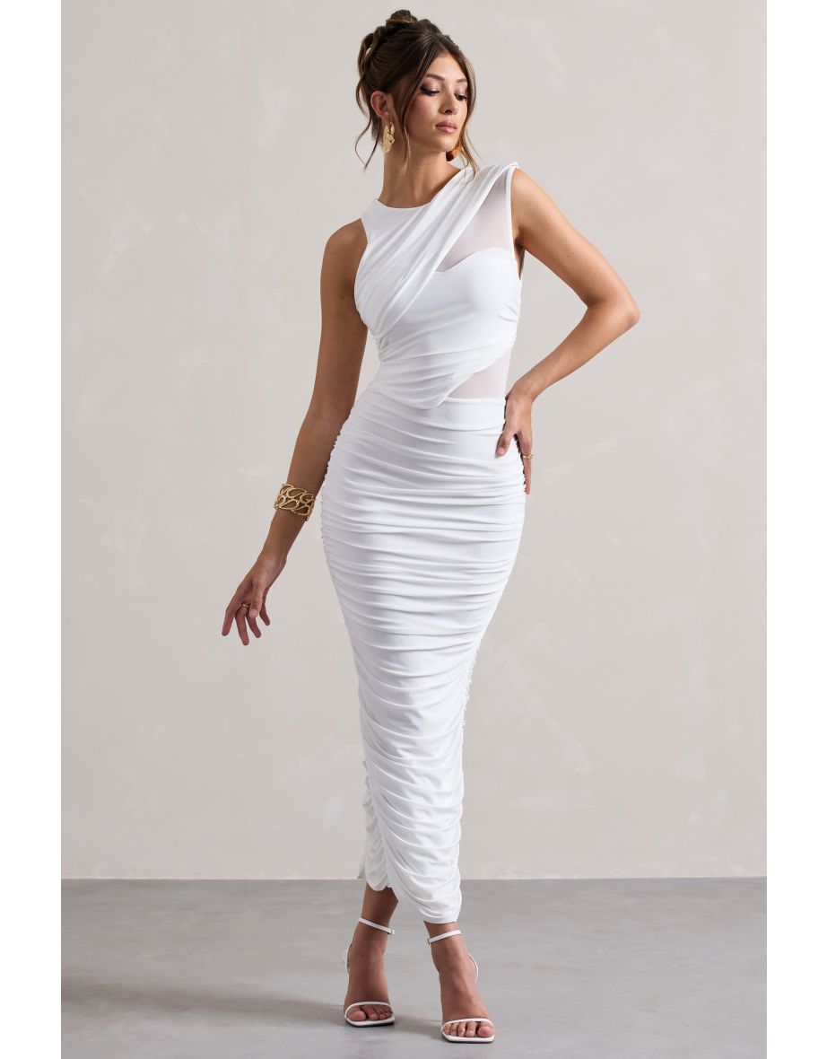 Born With It | White Sleeveless High-Neck Draped Maxi Dress With Mesh Inserts
