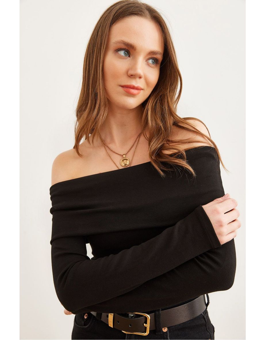 Women's Black Madonna Collar Soft Touch Flexible Top