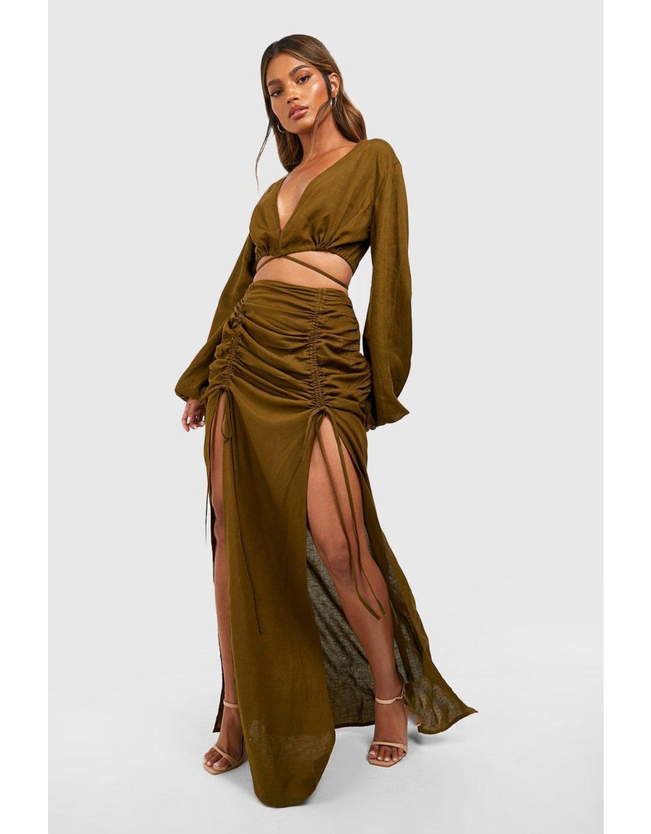 Linen Tie Waist Crop & Ruched Detail Maxi Skirt - khaki