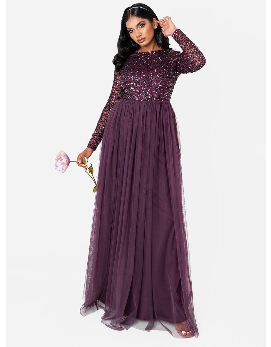 Shop Maya Berry Embellished Long Sleeve Maxi Dress Online in Bahrain VogaCloset