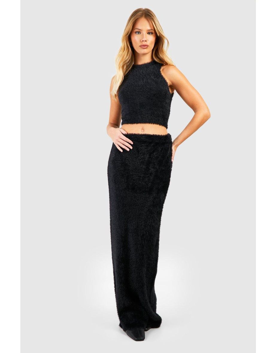 Fluffy Knit Maxi Skirt - black