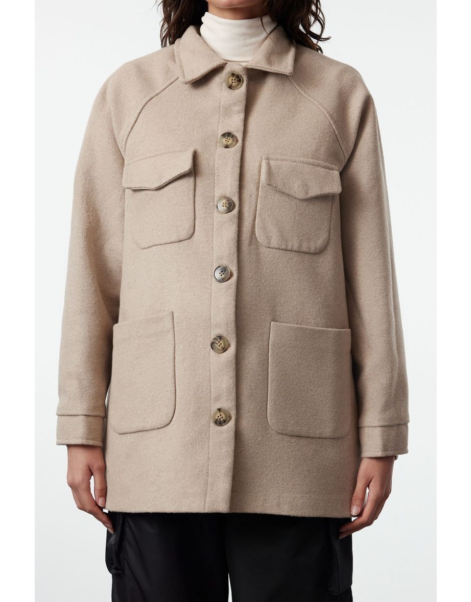 Beige Oversize Stamp Shacket Slim Jacket Coat - 4
