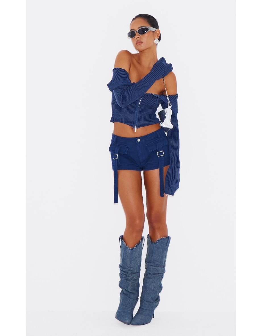Navy Thick Rib Knit Foldover Zip Up Bardot Top