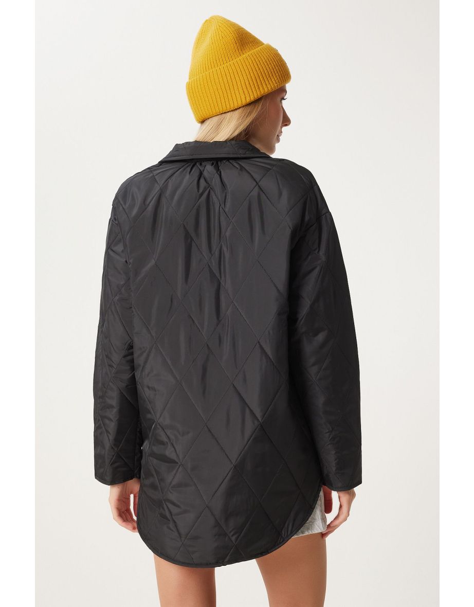 Women's Black Pocket Oversize Quilted Jacket - 6