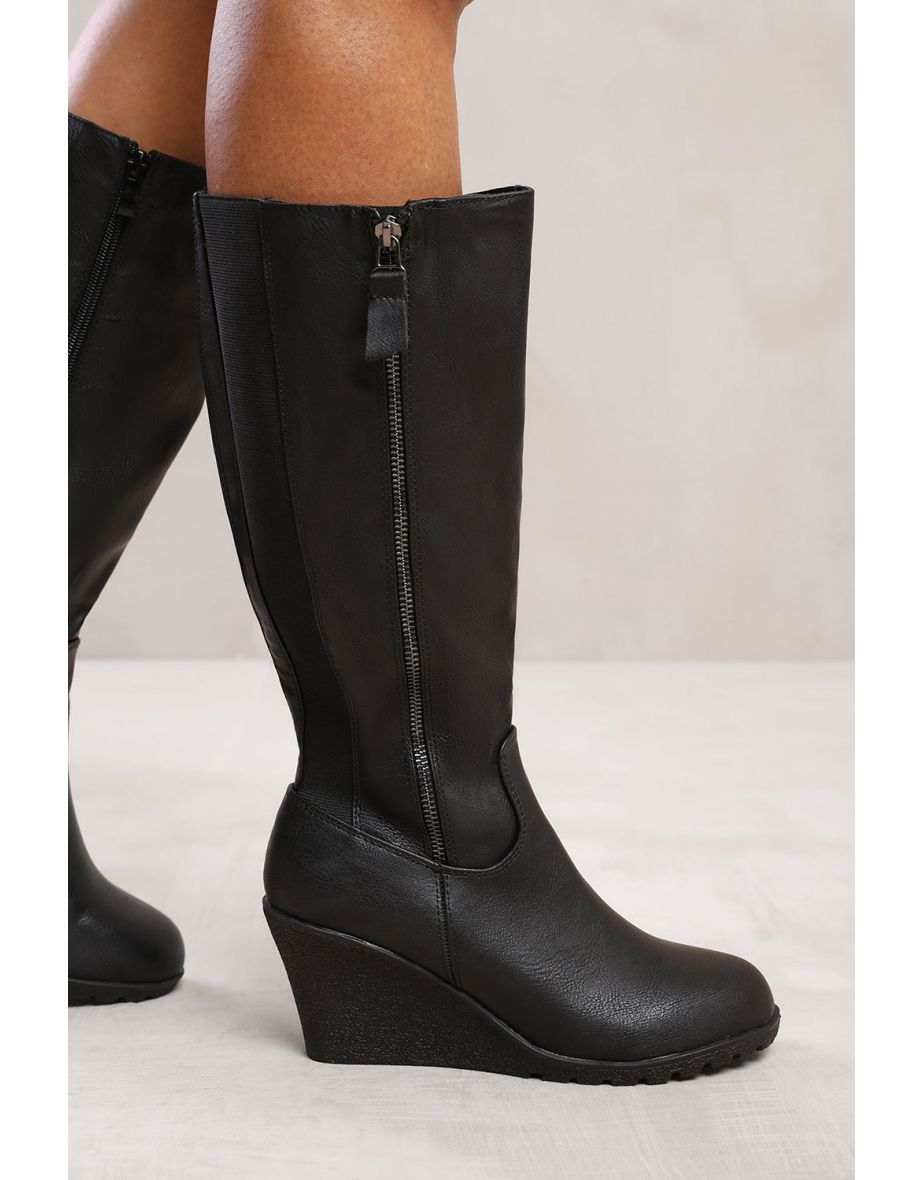 LARA WEDGE HEEL MID CALF HIGH BOOTS WITH SIDE ZIP IN BLACK FAUX LEATHER - 1