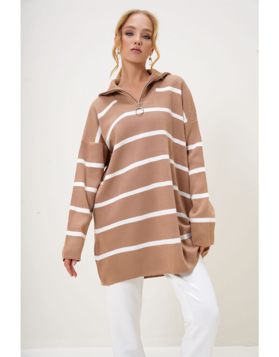 Women's Biscuit Turtleneck Zipper Detail Striped Knitwear Sweater Tunic