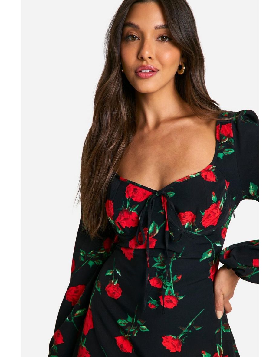 Floral Milkmaid Mini Dress - black - 3