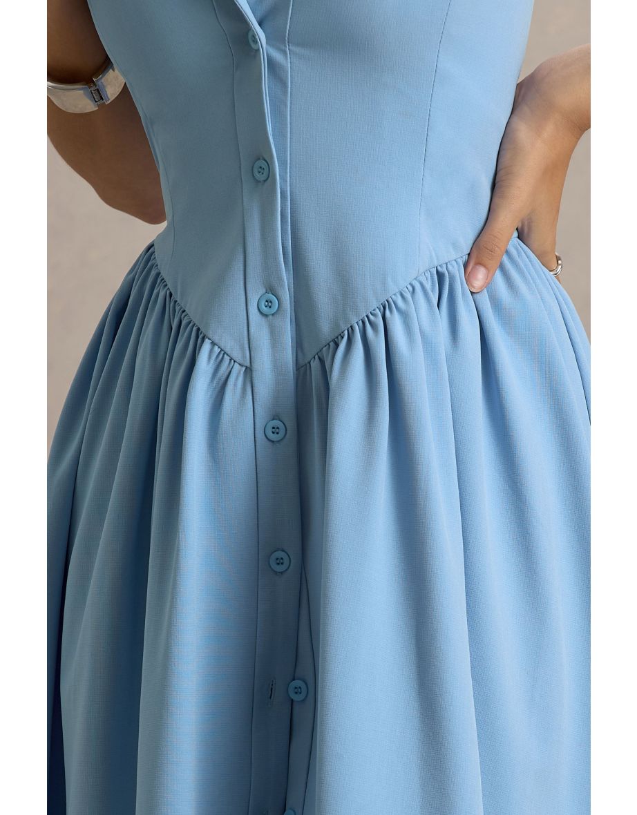 Samsara | Light Blue Plunge-Neck Collared Midi Dress - 5