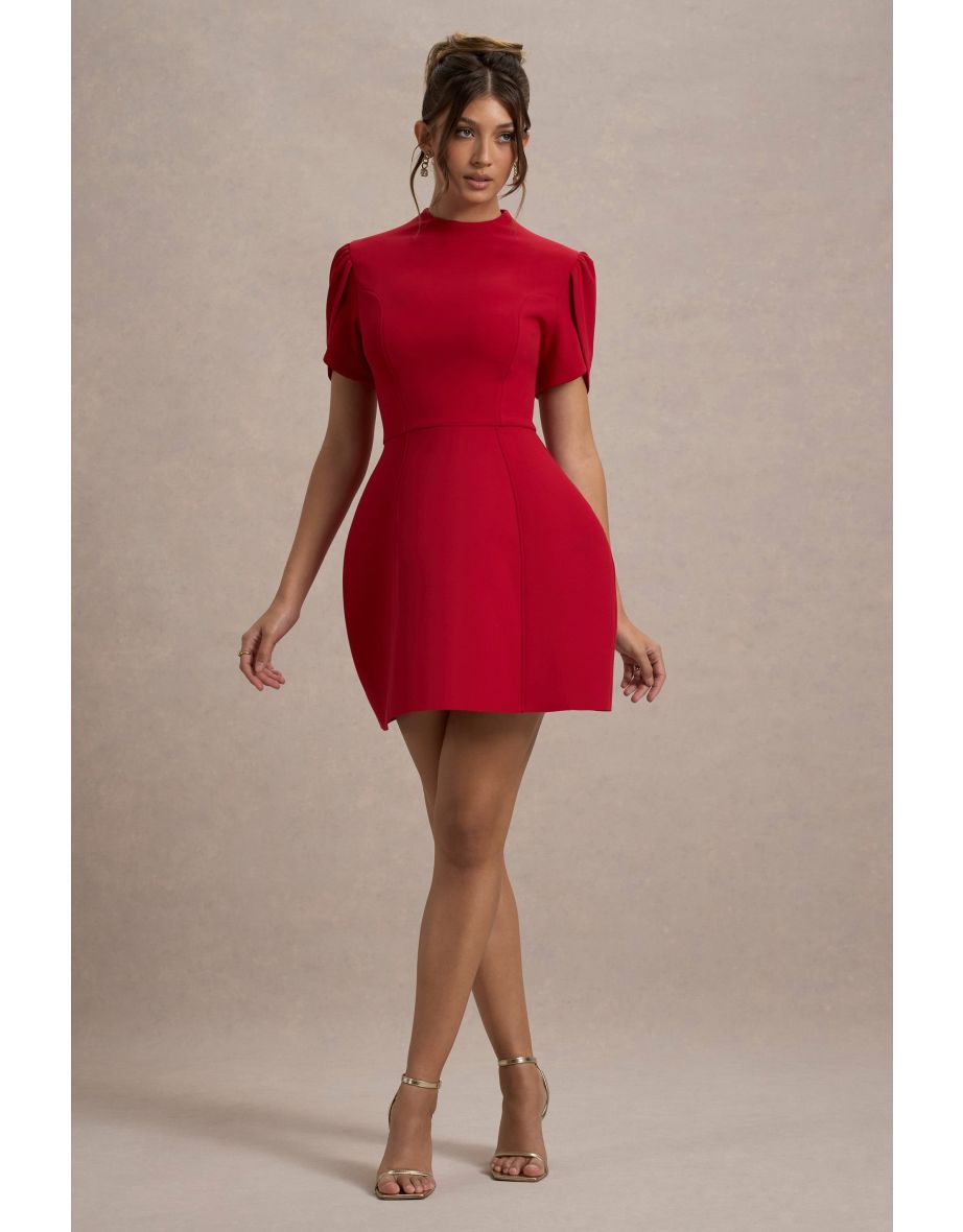 Carabella | Red High-Neck Short-Sleeve Mini Dress - 5