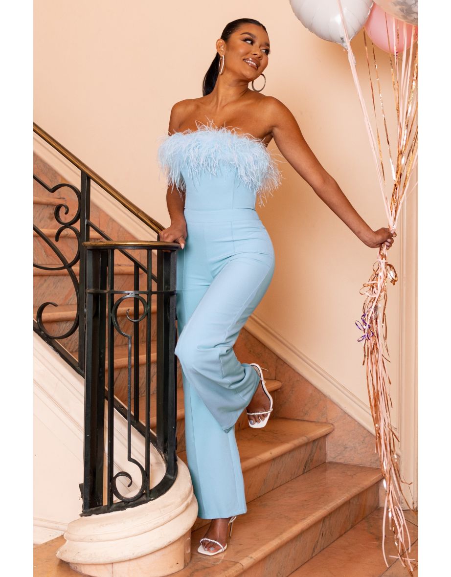 First Class | Blue Bandeau Feather Wide Leg jumpsuit - 4