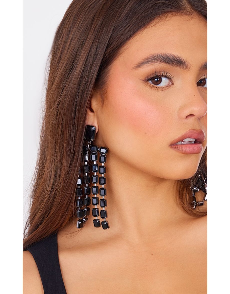 Black Diamante Oversized Tassel Earrings