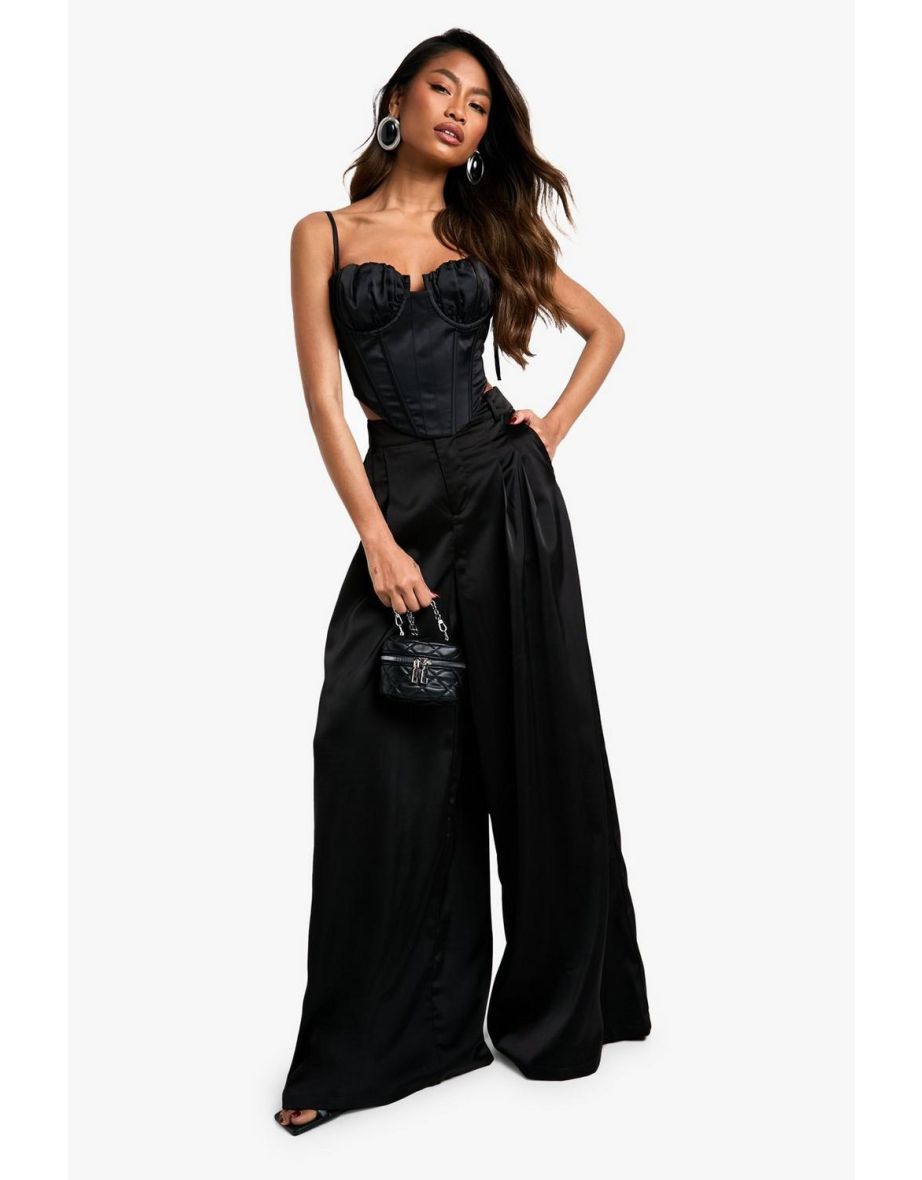 Tie Strap Boned Satin Corset Top - black