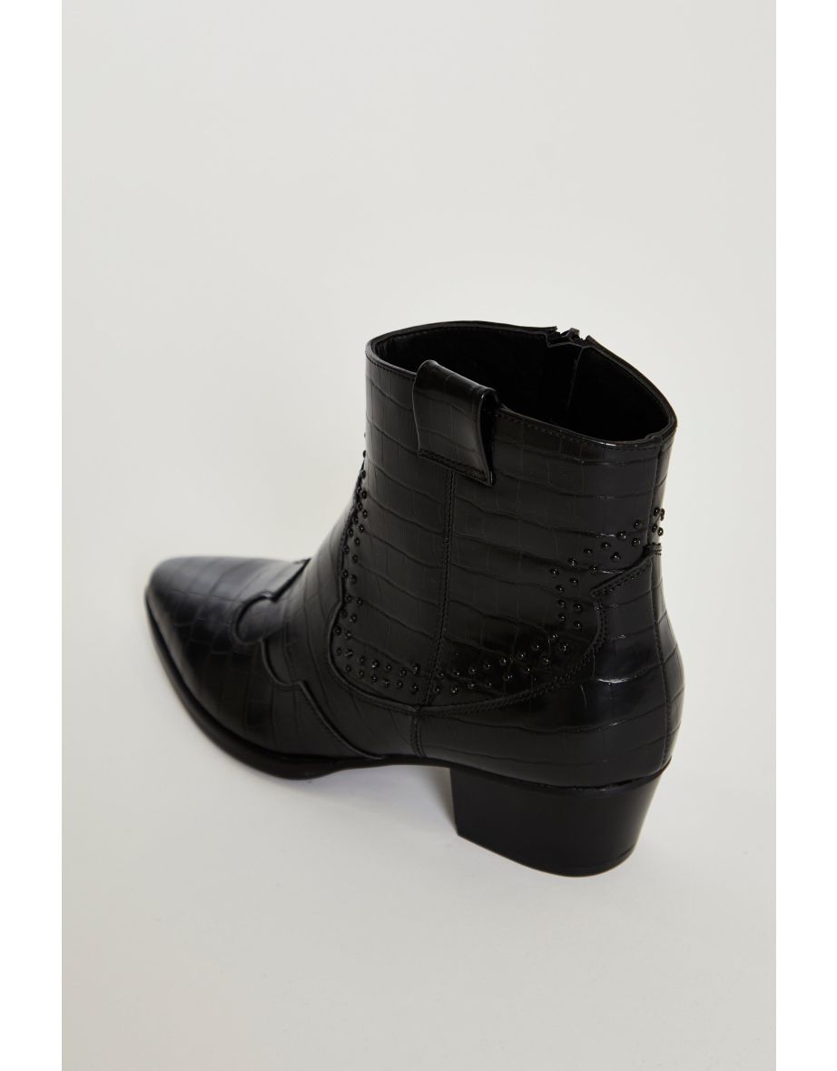 Glamorous Black Croc Western Block Heel Ankle Boots - 3
