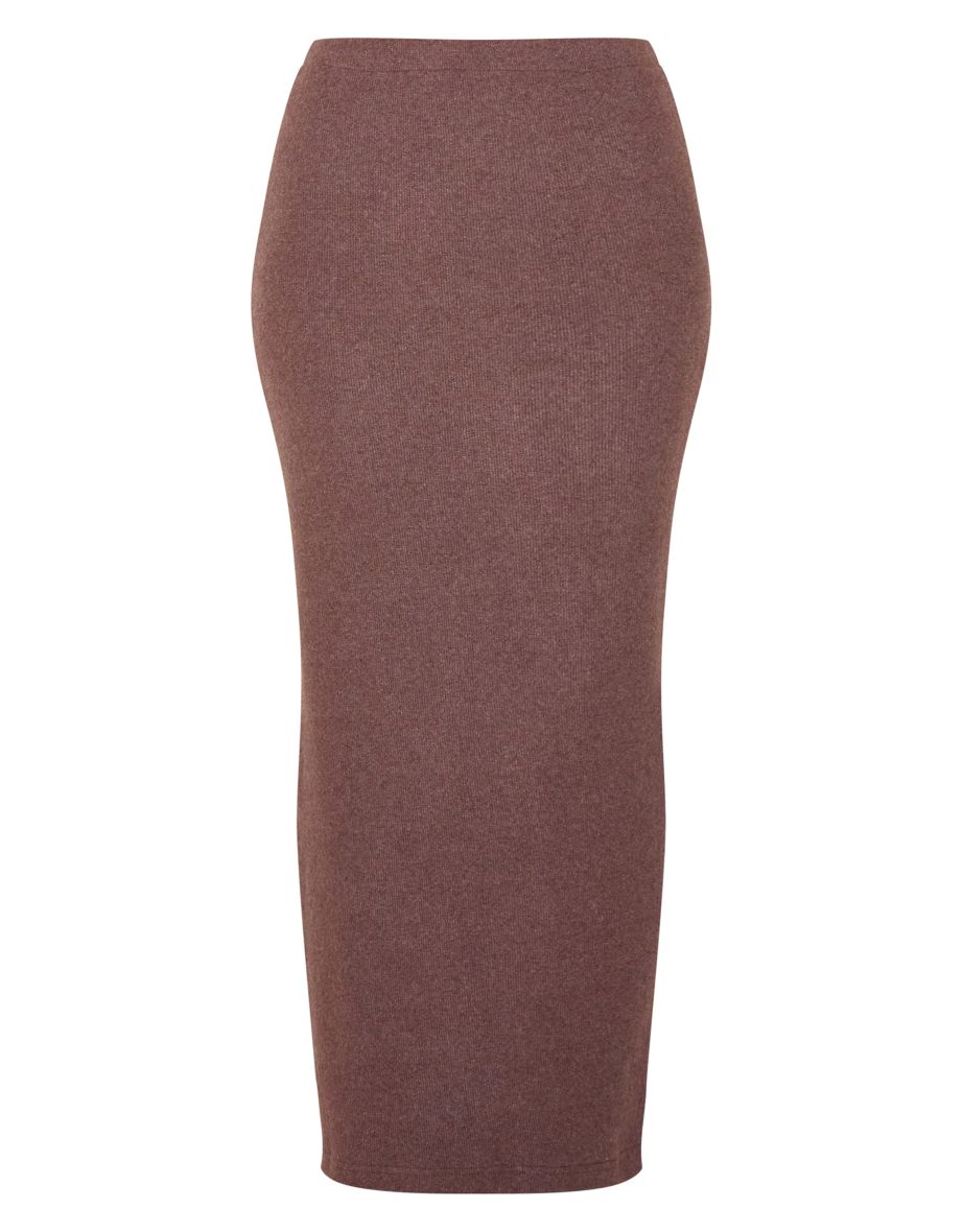 Chocolate Brown Brushed Rib Mid Rise Maxi Skirt - 4
