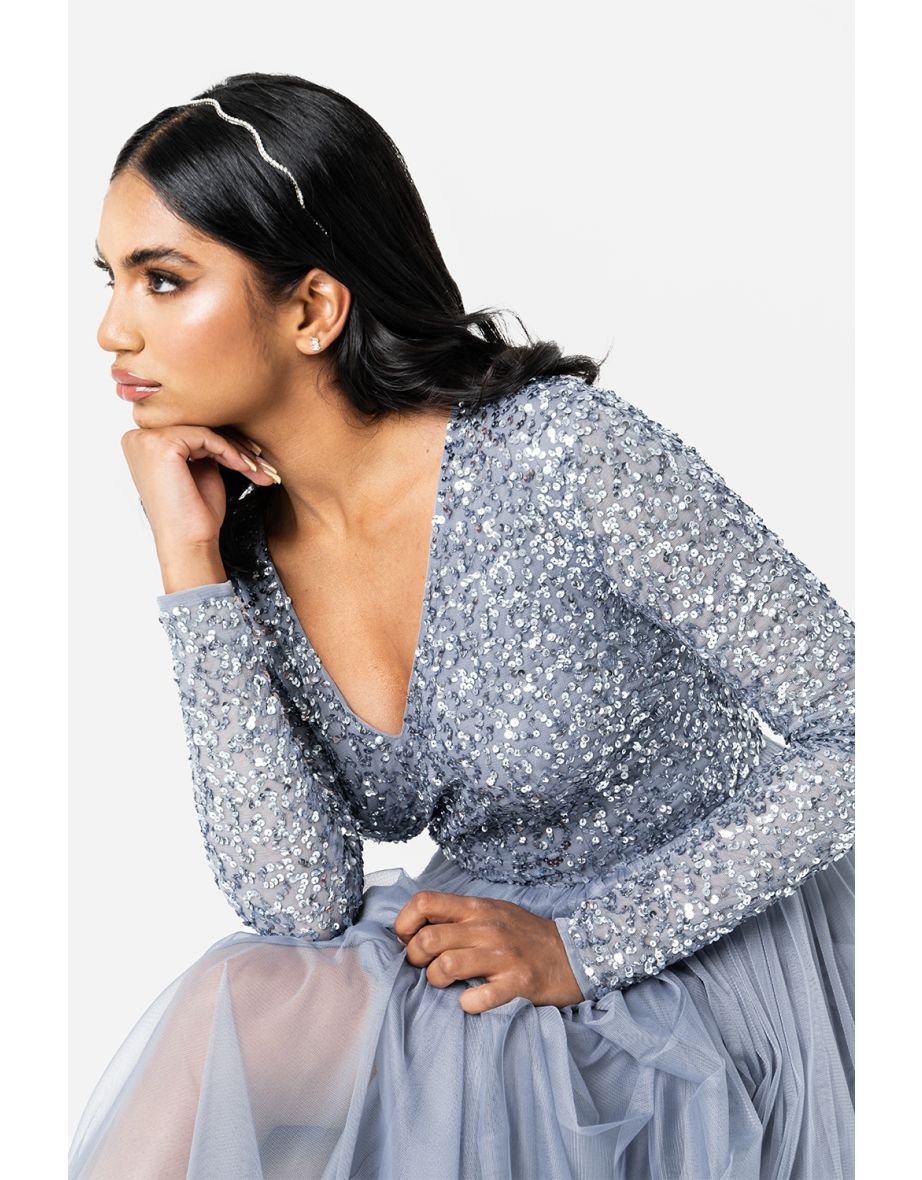 Maya Dusty Blue V Neck Embellished Long Sleeve Maxi Dress - 1