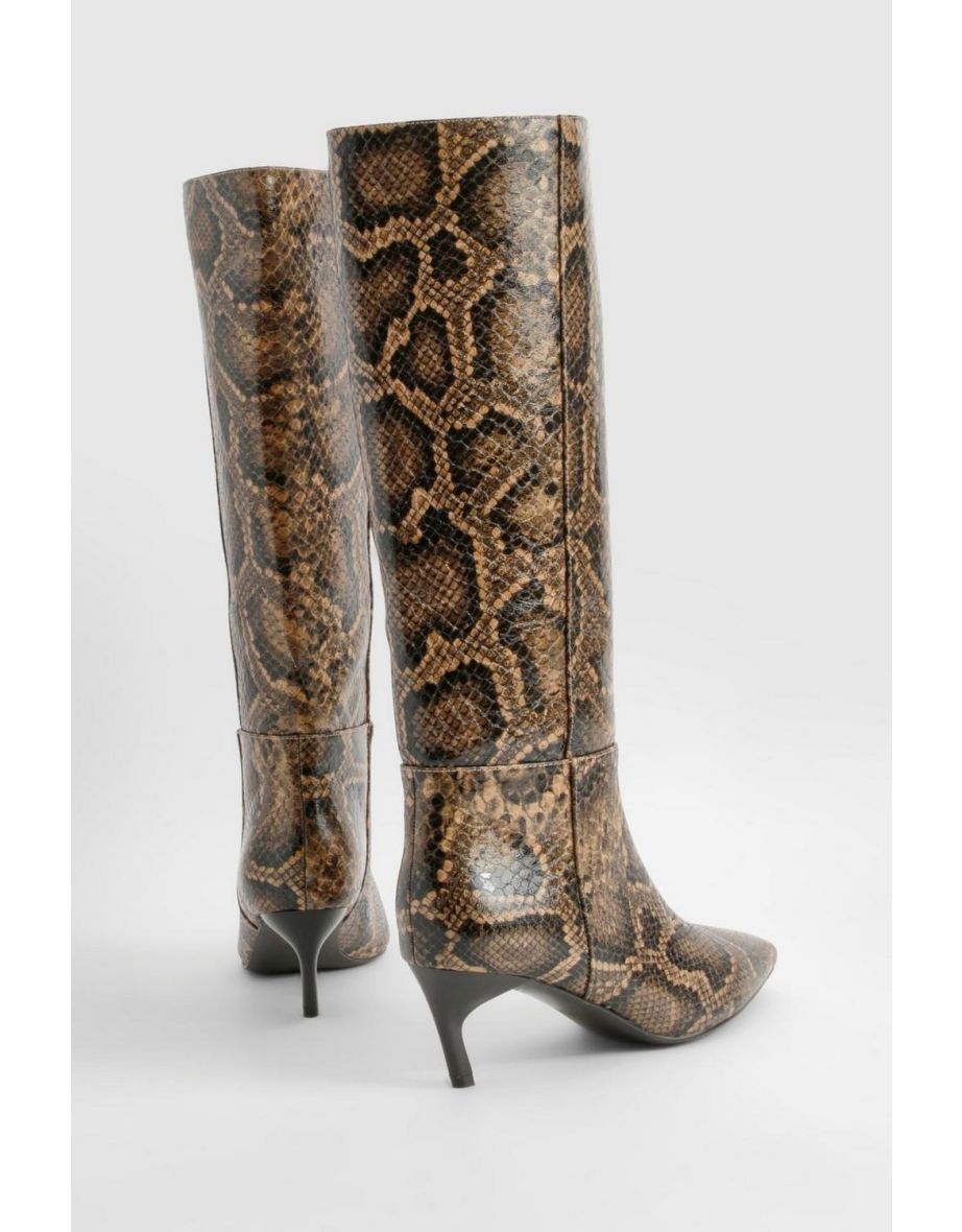 Wide Fit Snake Print Low Square Toe Knee High Boots - brown - 3