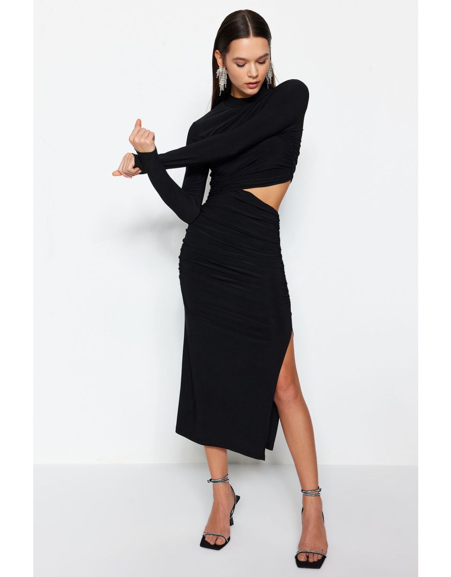 Black Window / Cut Out Detailed Elegant Evening Dress