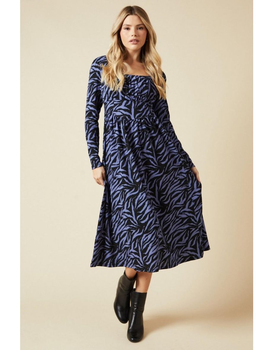 Blue Zebra Seam Detail Long Sleeve Midi Dress