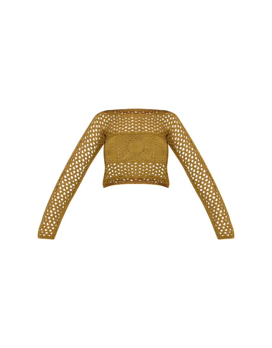 Khaki Flower Embossed Crochet Oversized Top - 4