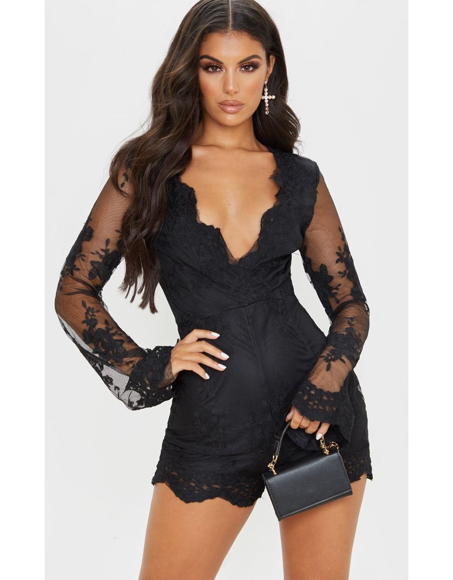 Black Lace Bell Sleeve Playsuit
