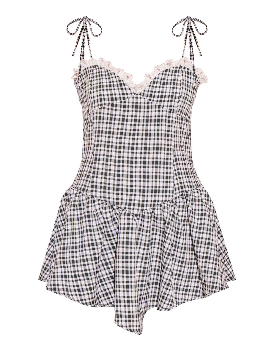 Black Gingham Lace Frill Strappy Shift Dress - 4