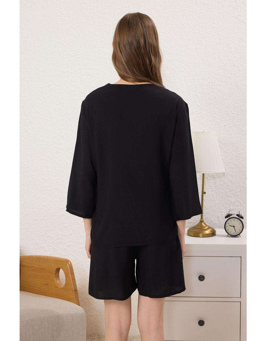 Black Tie-Down Weaving Plus Size & Maternity Pajama Set - 3