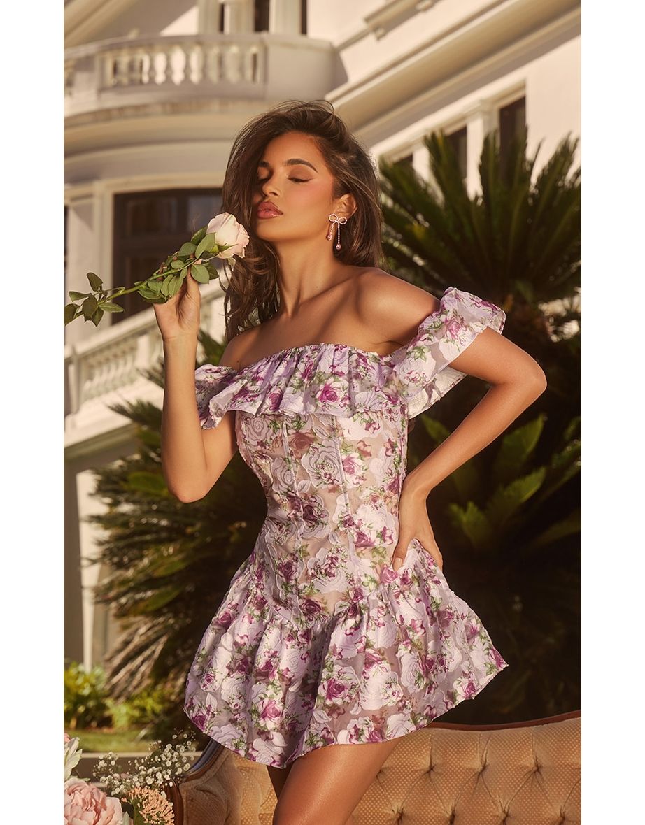 Shop Lilac Floral Bardot Frill Bodycon Dress Online in Oman VogaCloset