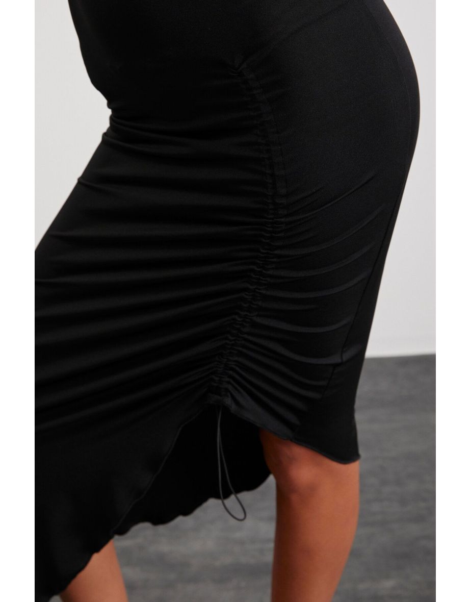 Claudia Women's Adjustable Drape Detail Semi-Shiny Stretch Fabric Asymmetric Look Maxi Black Dress - 6