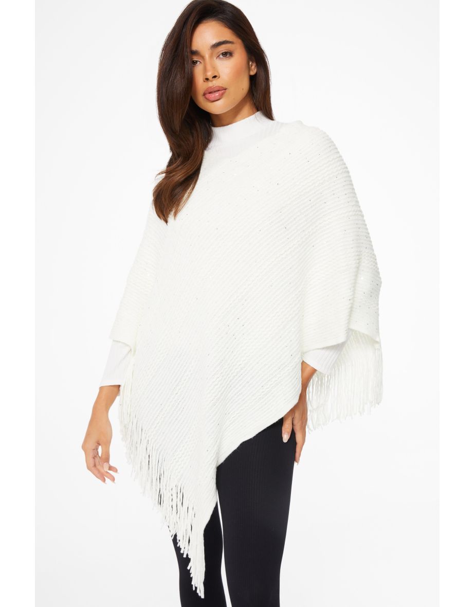 Cream Sequin Fine Knit Poncho