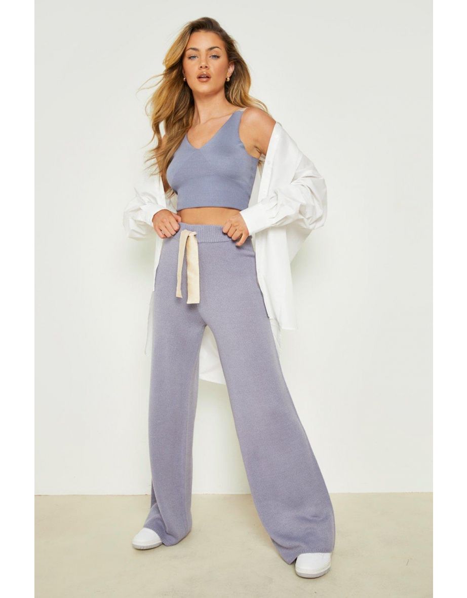 Woman Ribbon Knitted Wide Leg Trouser - baby blue