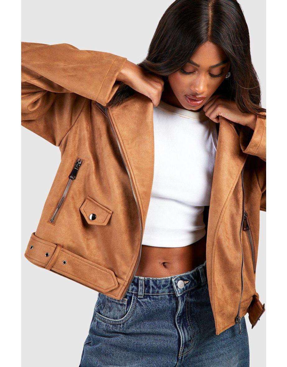 Oversized Faux Suede Biker Jacket - tan - 3