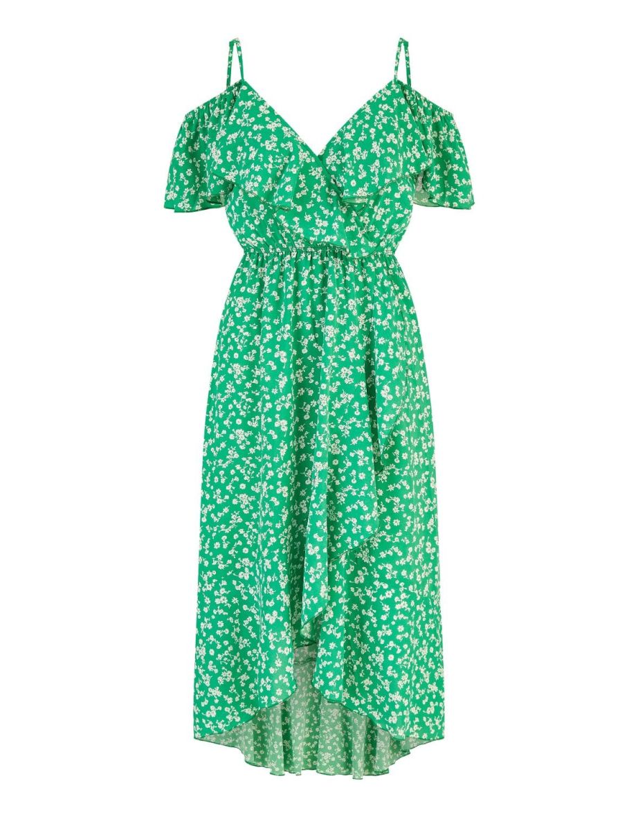 Mela Green Ditsy Print Bardot Midi Dress With Dip Hem - 4