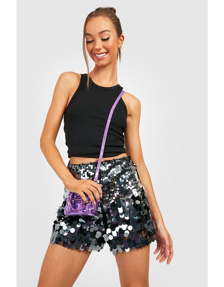 Mixed Sequin High Waist Short - silver