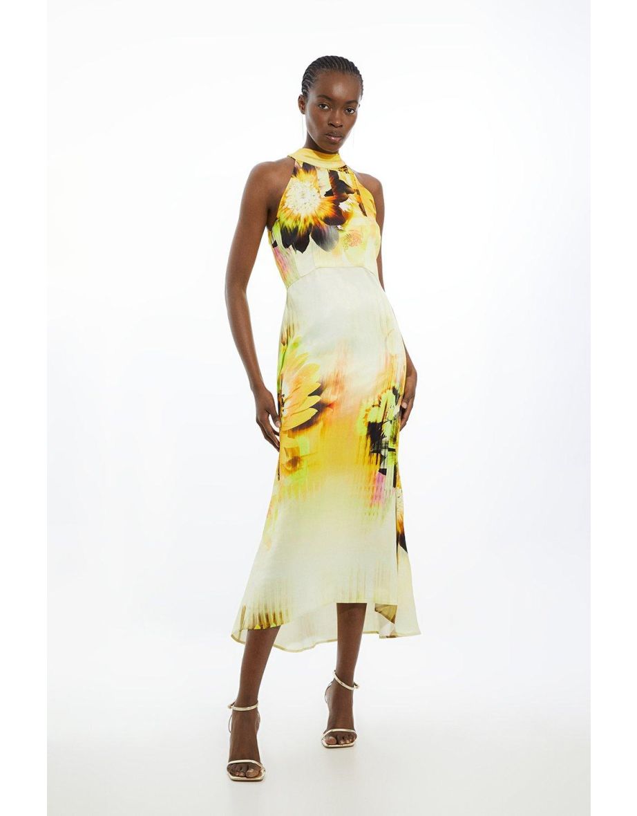 Viscose Satin Tie Dye Floral Halter Midaxi Dress
