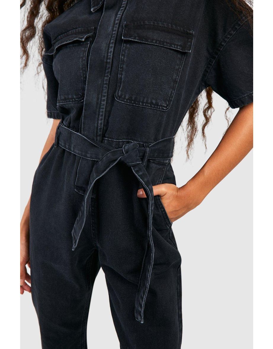 Petite Denim Short Sleeve Belted Boilersuit - black - 3