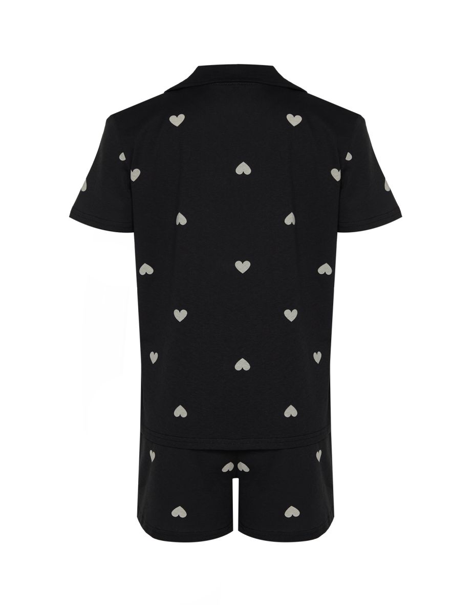 Black 100% Cotton Heart Patterned Shirt-Shorts Knitted Pajama Set - 7
