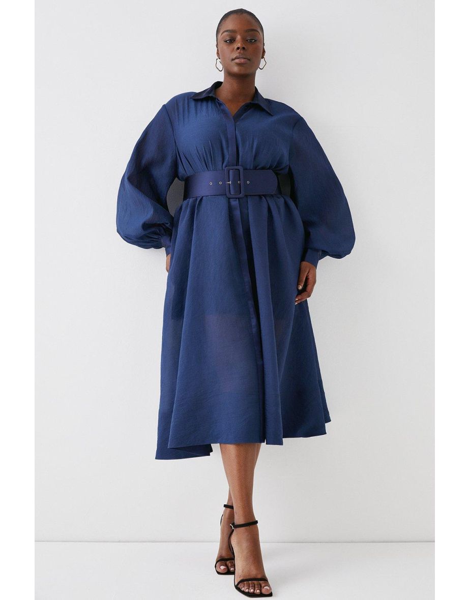 Shop Plus Size Premium Belted Organza Midi Shirt Dress Online in Bahrain VogaCloset