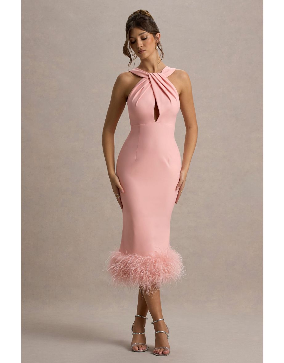 Titania | Pink Twist-Neck Feather Hem Midi Dress