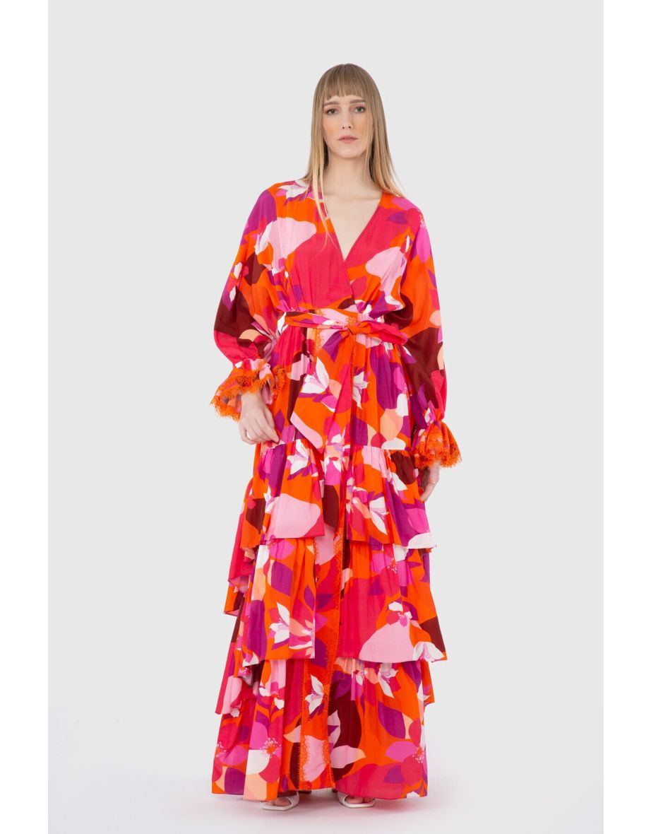 Lace And Volley Detail Long Patterned Shiny Voile Orange Dress - 2
