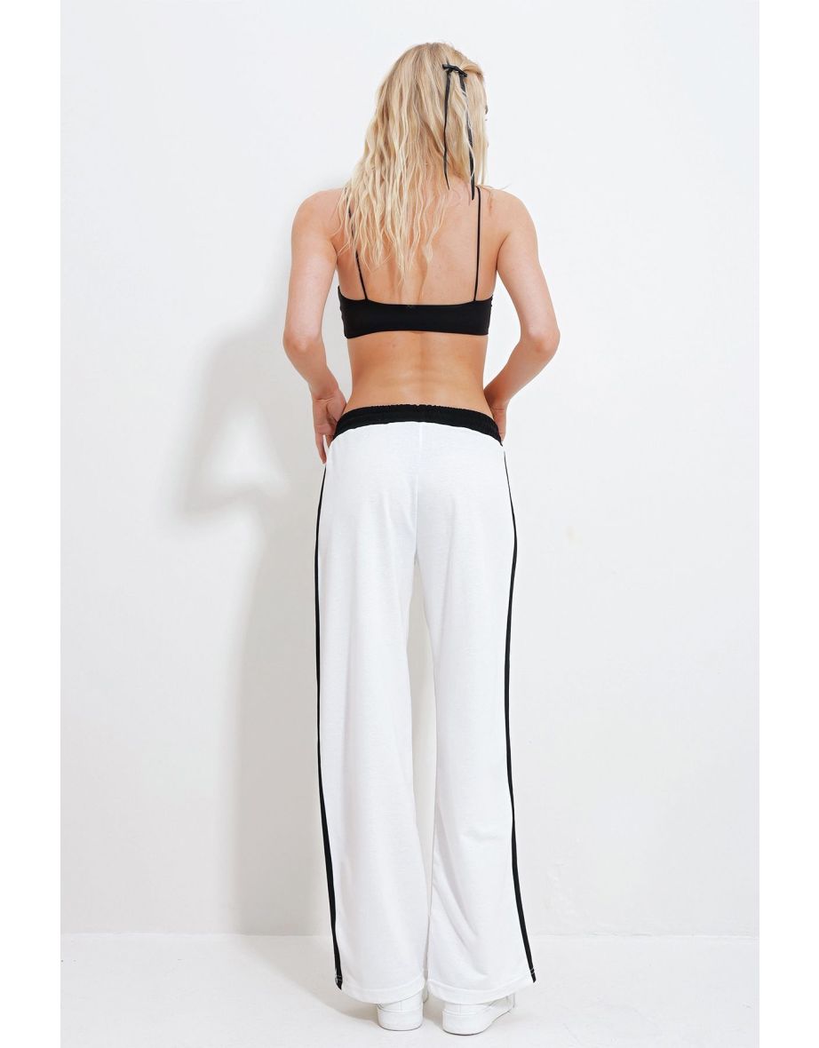 Women's White Elastic Waist Double Striped Jogger - 4