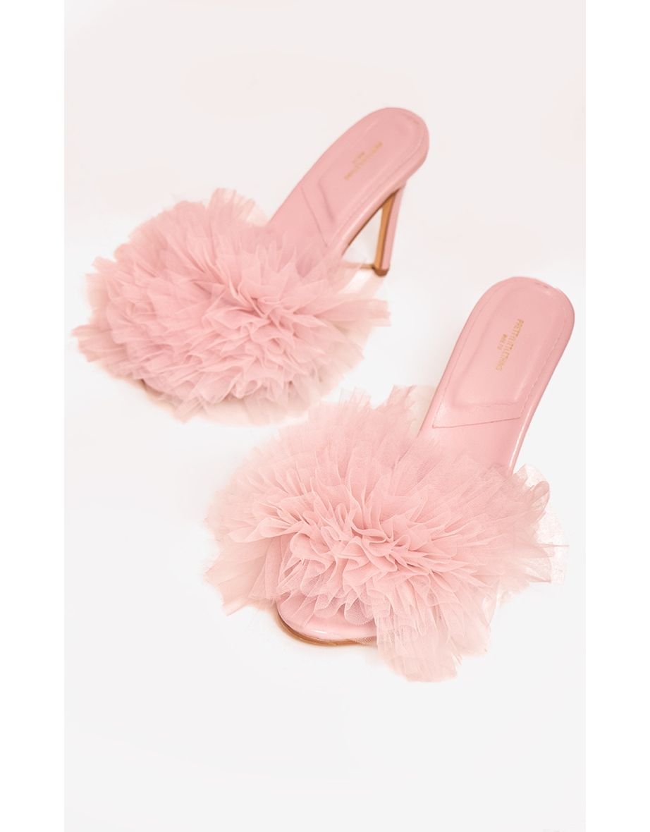 Pink Wide Fit Pu Round Toe Ruched Mesh Detail High Heeled Mules