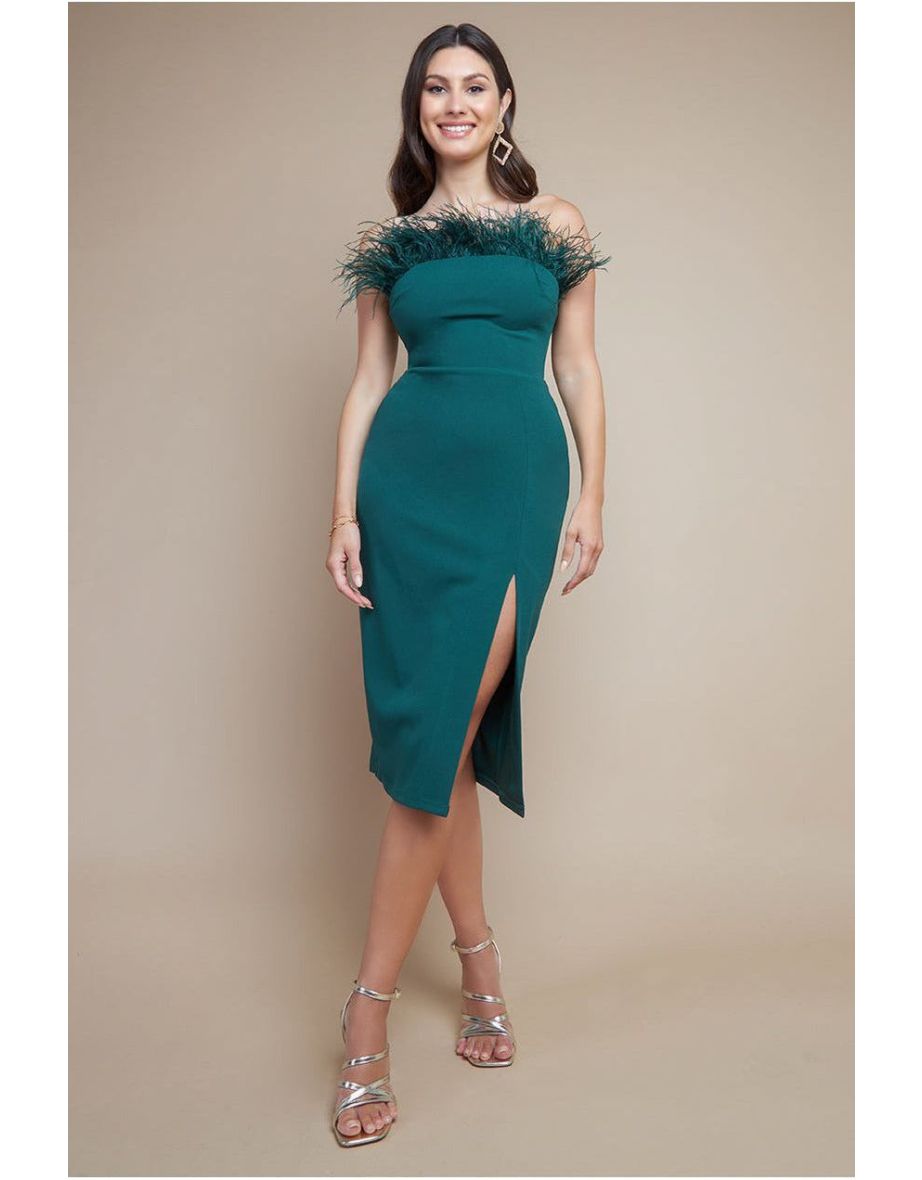 Goddiva Feather Boobtube Midi Dress - Emerald Green