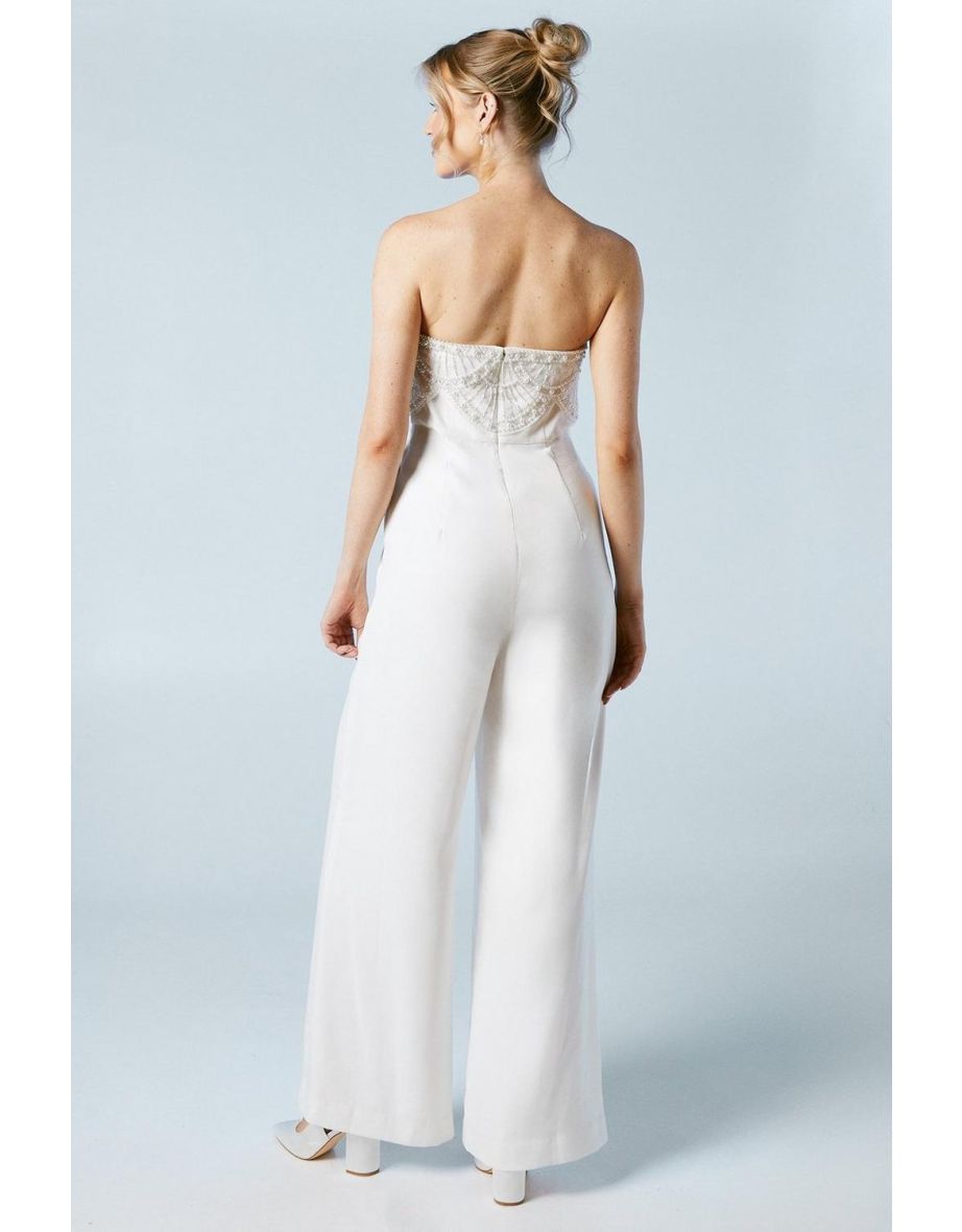 Premium Crepe Scallop Pearl Detail Bridal Jumpsuit - 3