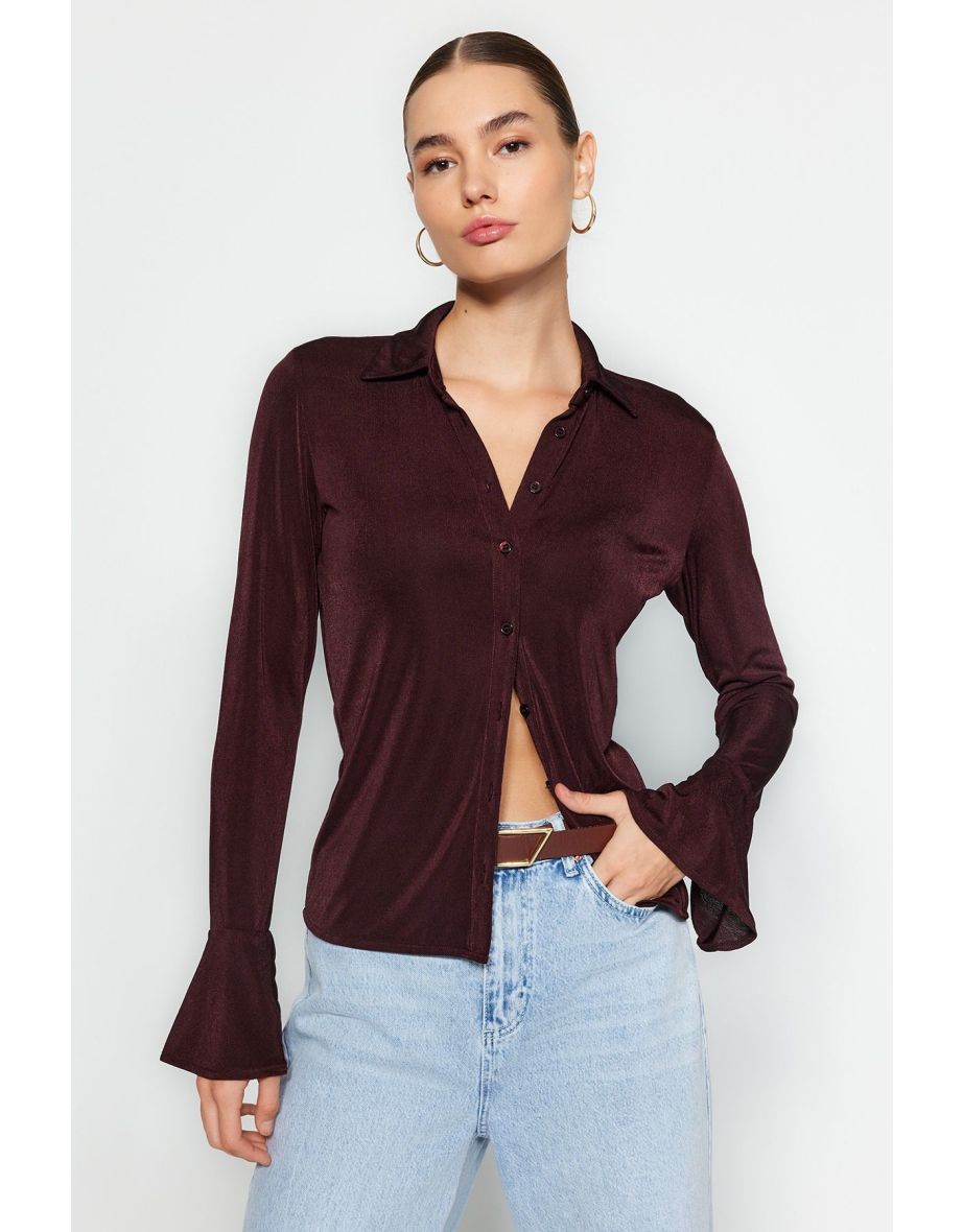 Brown Premium Shiny Surface and Soft Textured Polo Collar Button-Up Knitted Shirt