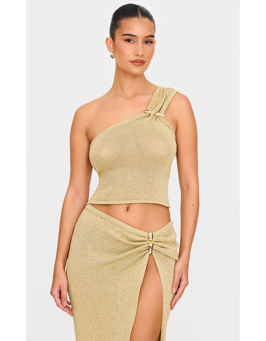 Gold Lurex Knit Trim Detail One Shoulder Top