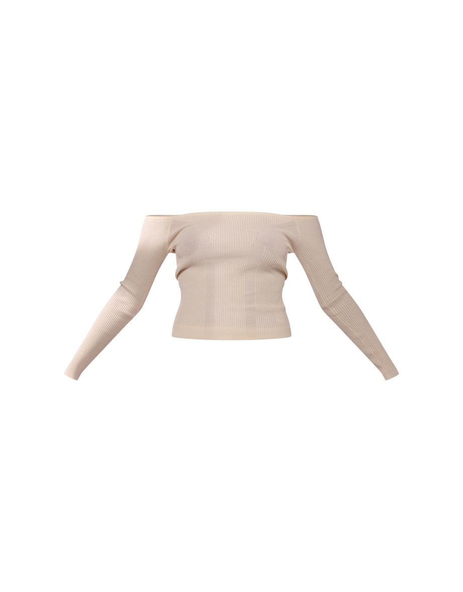 Cream Bardot Rib Knit Long Sleeve Top - 4
