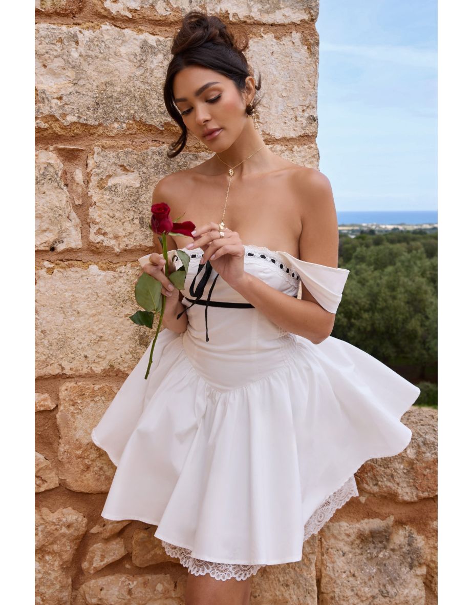 Serina | White Poplin Bardot Lace Detail Mini Dress