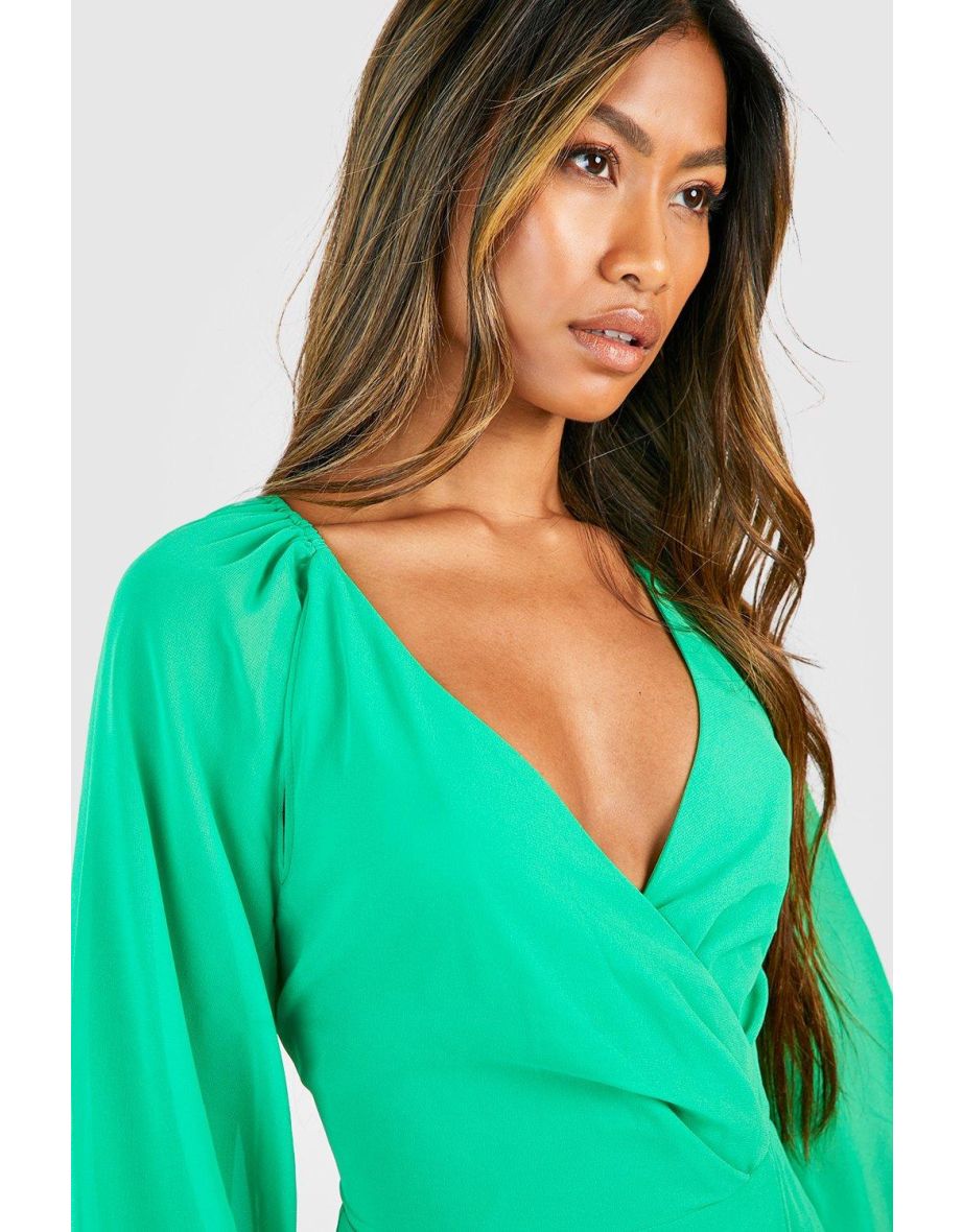 Split Shoulder Wrap Ruffle Detail Maxi Dress - bright green - 3