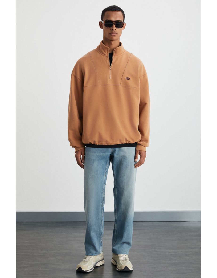 RADIANT Men's 100% Organic Cotton Embroidered Detail Half Zipper Stand Collar Brown Sweatshirt